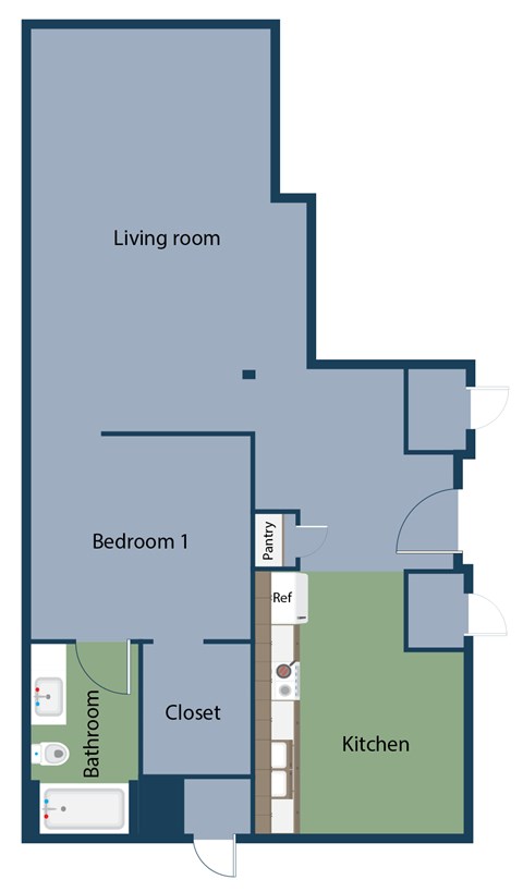 Floor plan for 1 bed, 1 bath, 899 sqft